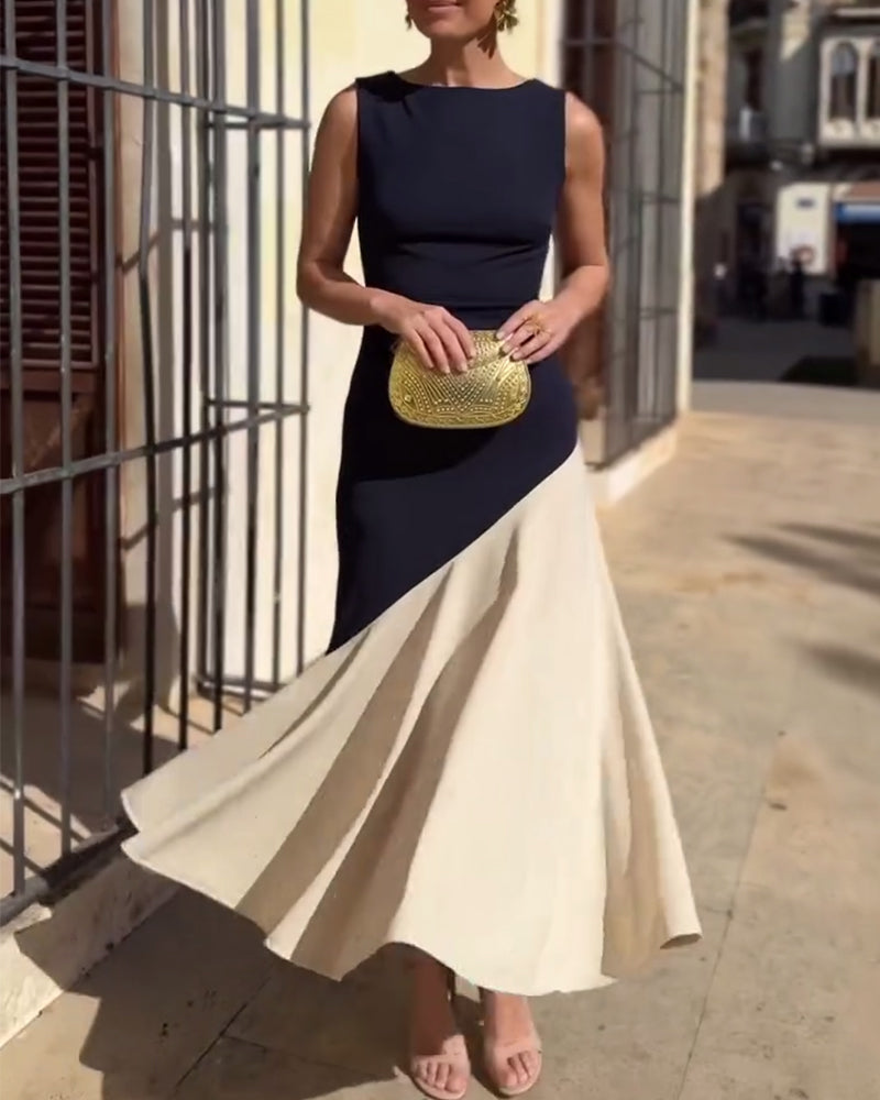 Farbblockiertes Ärmelloses Modekleid