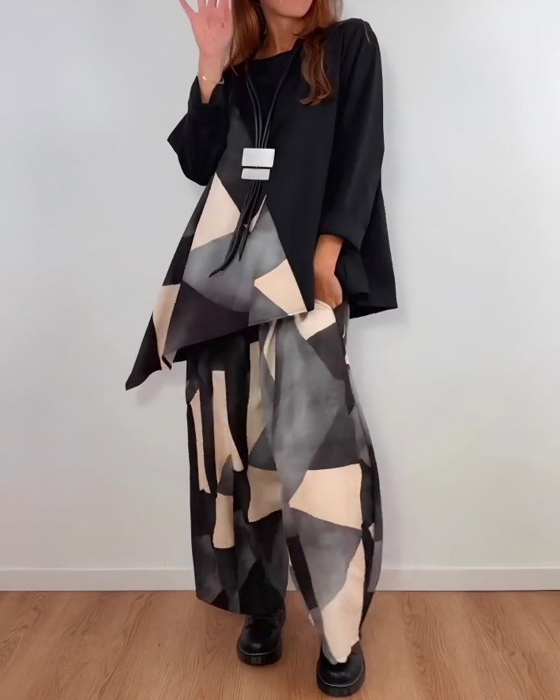 Zweiteiliges Set lässiger geometrischer Druck Weitbeinhose