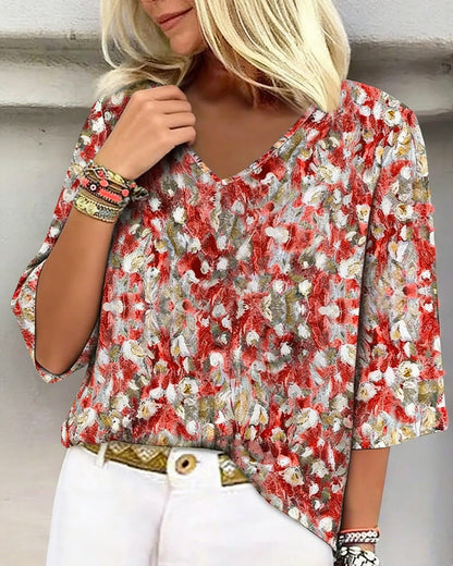 Bluse Blumendruck V-Ausschnitt Dreiviertelarm