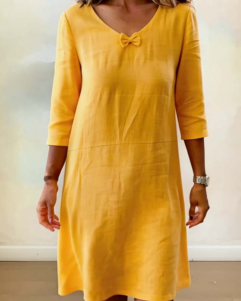 Kleid Schleife V-Ausschnitt Leinen