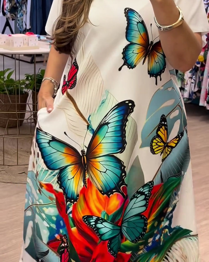 Kleid V-Ausschnitt Schmetterlingsdruck Lang