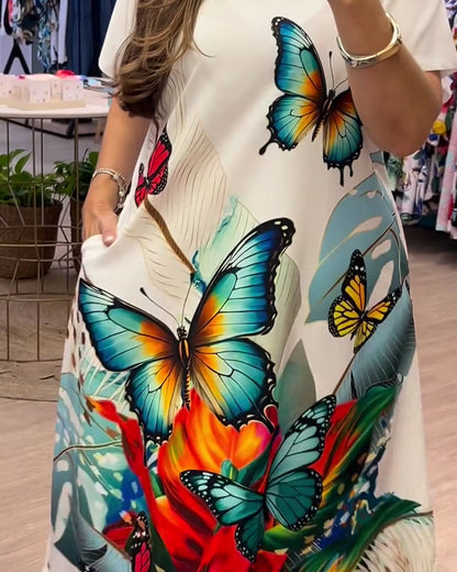 Kleid V-Ausschnitt Schmetterlingsdruck Lang