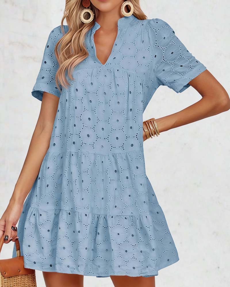 Kleid Durchbrochen V-Ausschnitt Kurzarm