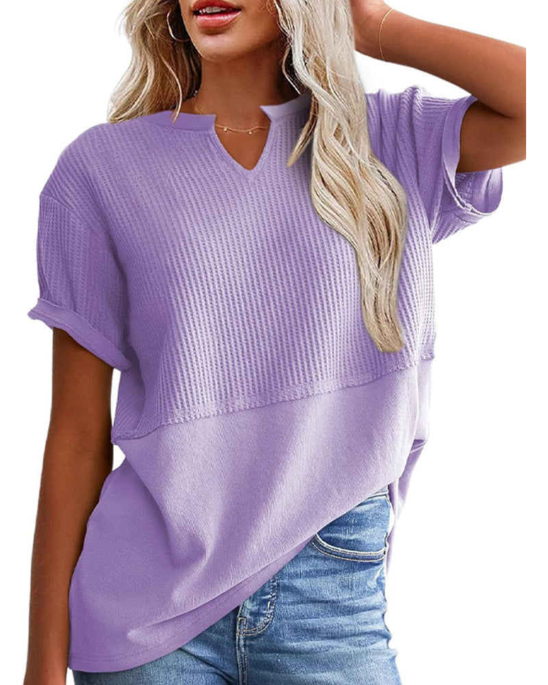 T-Shirt Tailliert Patchwork V-Ausschnitt Pullover