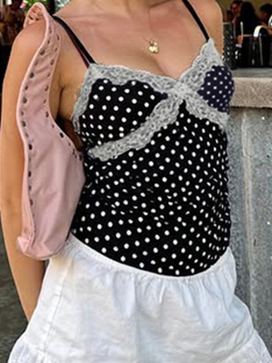 Schwarzes Y2k Camisole Top mit Spitzen Patchwork und Schleife