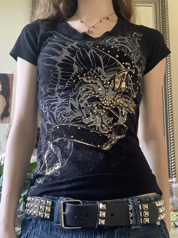 Black vintage print T-shirt with rhinestones and short sleeve