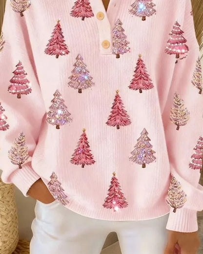 Pullover Weihnachtsbaum Druck Henley Kragen