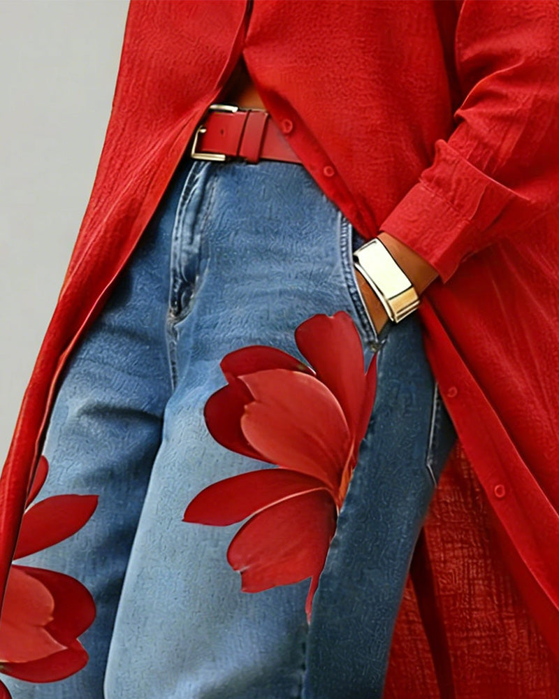 Jeans Rot Blumen Muster Kurze Weite Beine