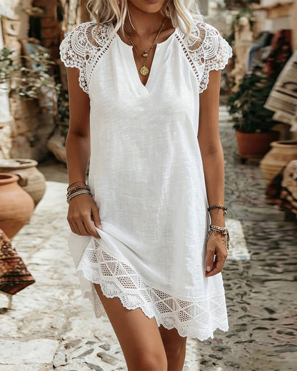 Kleid Petite V-Ausschnitt Spitzenbesatz Elegant