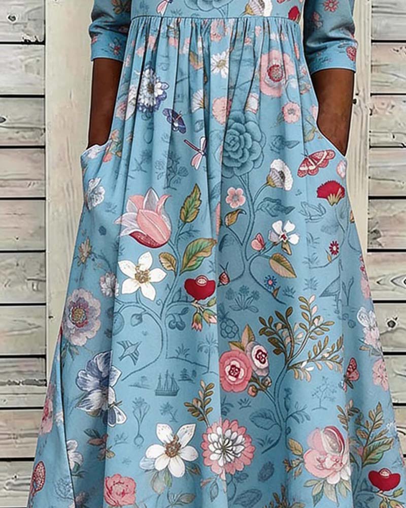 Kleid Rundhals Geknöpft Blumig A-Saum