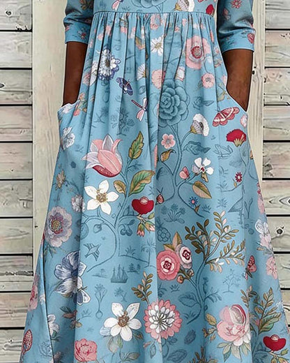 Kleid Rundhals Geknöpft Blumig A-Saum