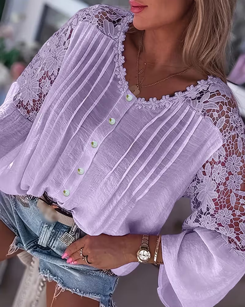 Blouse Mode Geschnitten Spitze Patchwork