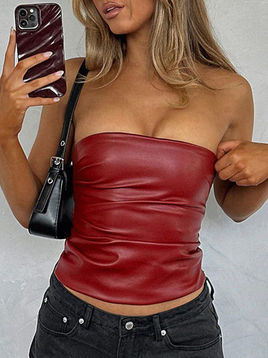 Einfarbiges Y2k Unregelmäßiges Leder Bandeau Top