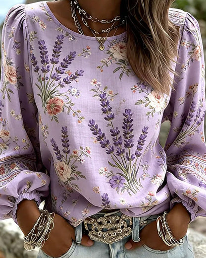 Bluse Lavendel Blumenprint Laternenärmel