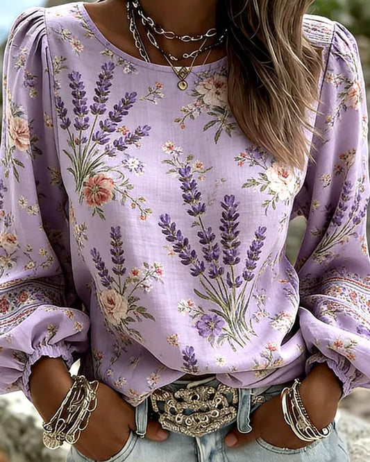 Bluse Lavendel Blumenprint Laternenärmel
