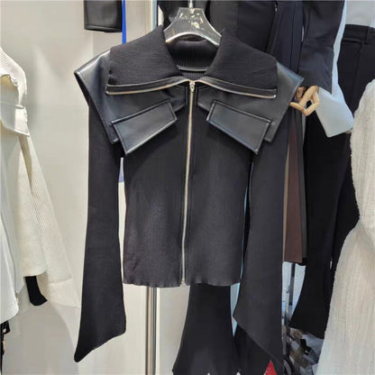 Zip Up Knit Jacket with Wide Collar for Women - Raffaella