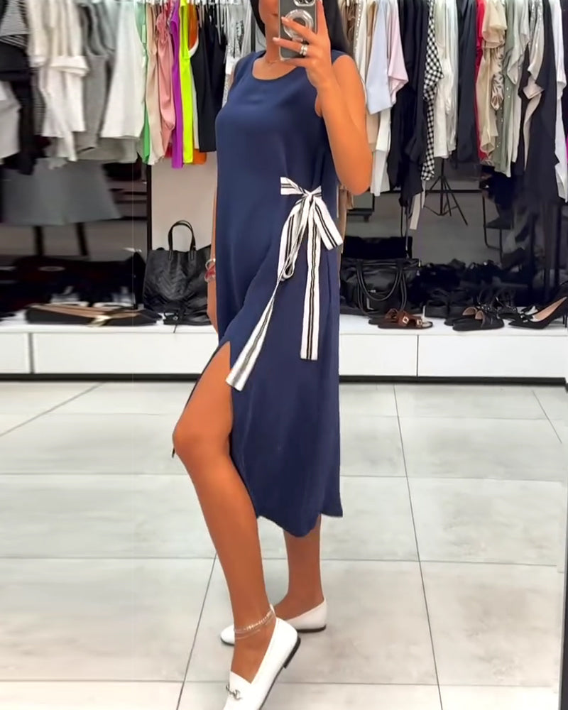 Kleid asymmetrisch unifarben Schlitz ärmellos