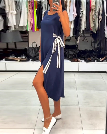 Kleid asymmetrisch unifarben Schlitz ärmellos