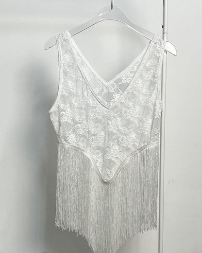 Tanktop Sexy Spitze Spaghettiträger Fransen