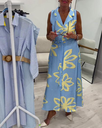 Kleid Ärmellos Reverskragen Schnürung Blumen Maxi