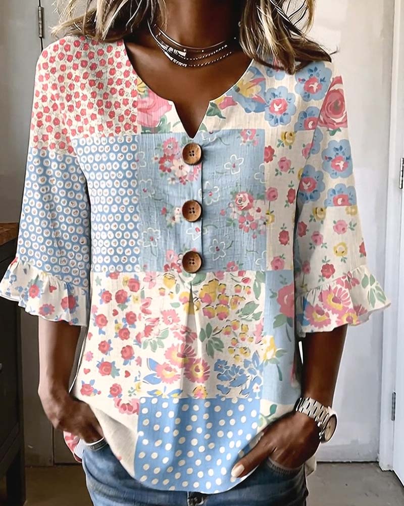 Bluse Kurzarm Blumenprint Patchwork