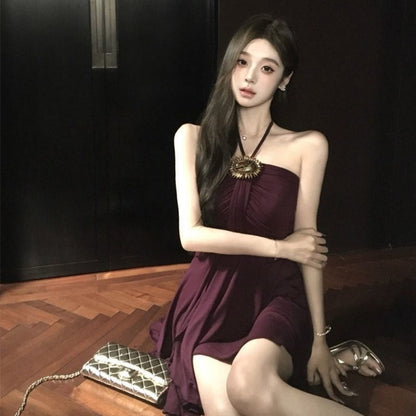 Wine Red Halter Mini Dress for Women - Isabella