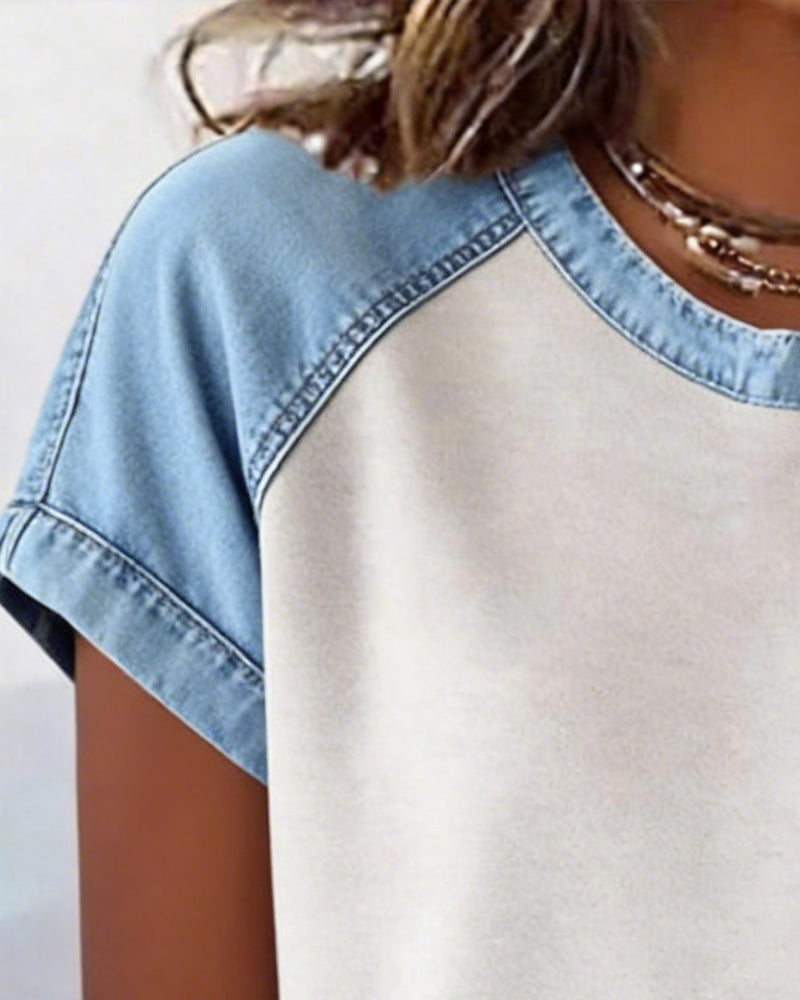 Top Lässig Rundhals Zusammengesetzt Denim