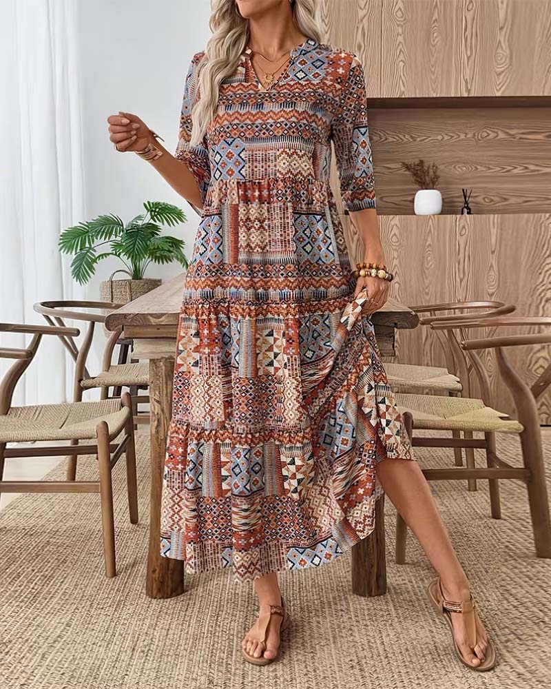 Kleid Etnisch Geometrischer Druck Lang