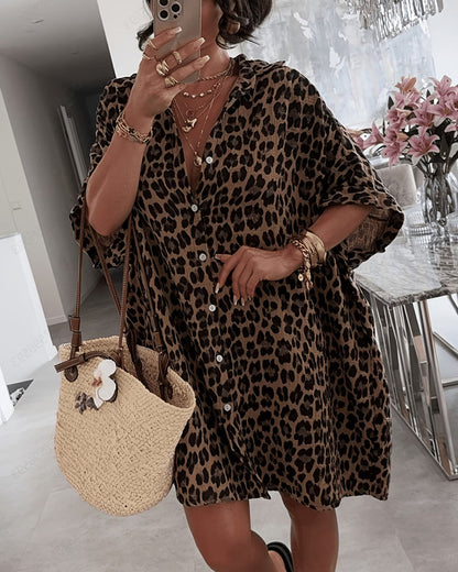 Kleid Revers Leopardenmuster Lockeres Hemd