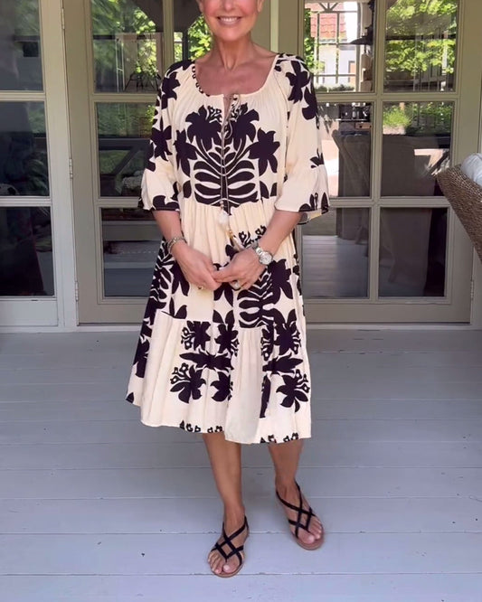 Patchworkkleid mit vintage-print und dreiviertelärmeln