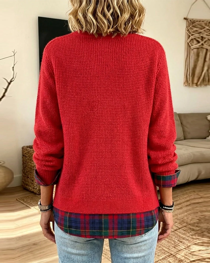 Pulli Rundhals Karo Patchwork Fake Zweiteilig