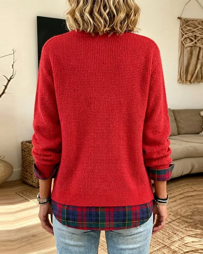 Pulli Rundhals Karo Patchwork Fake Zweiteilig