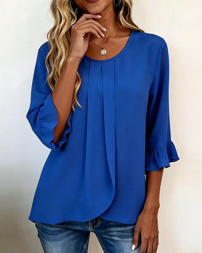 Bluse Rundhals Fältelt Rüsche Dreiviertel Ärmel