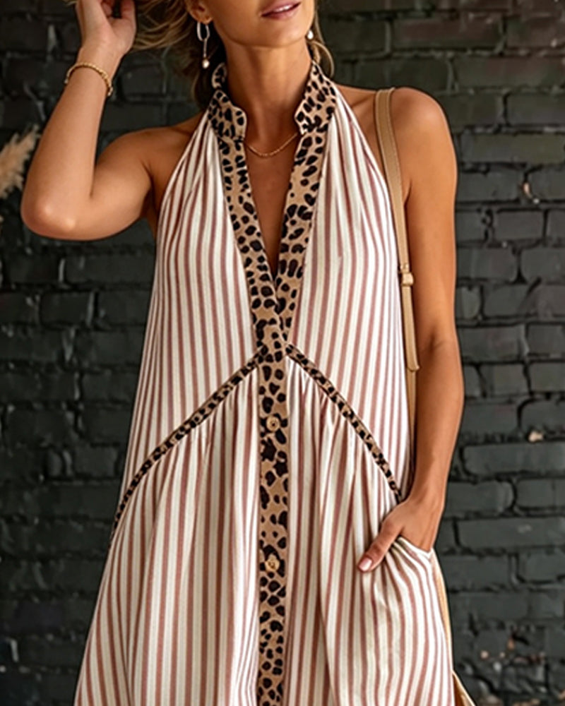 Kleid Leopard Streifen Halterneck Lang