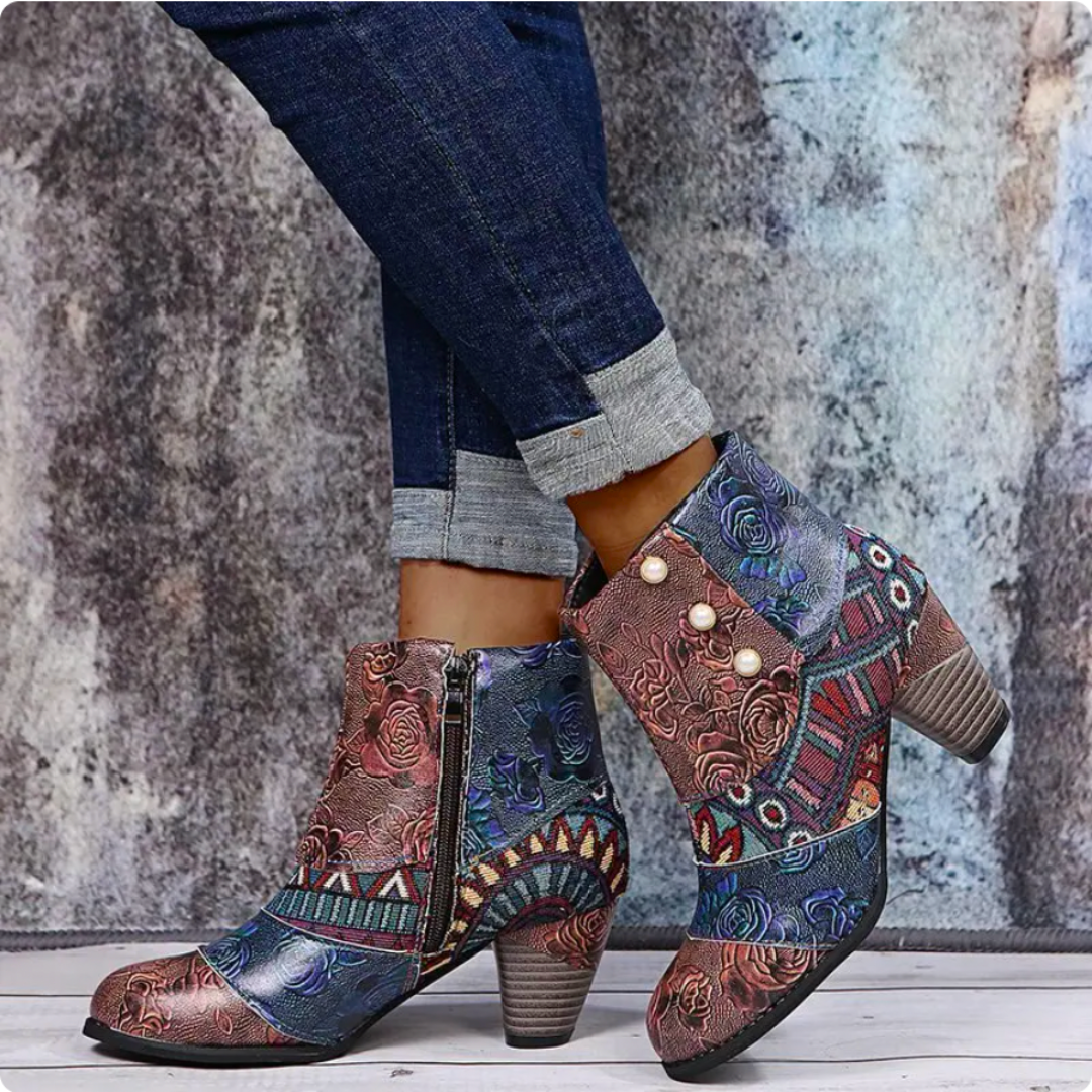 Bunte Patchwork-Stiefeletten mit Blockabsatz - Mia