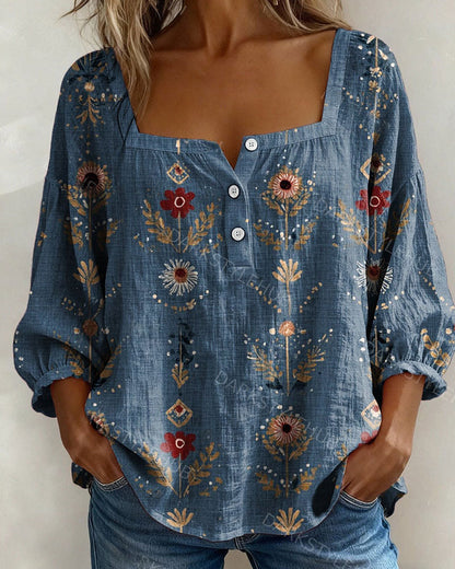Bluse Quadratischer Ausschnitt Blumendruck