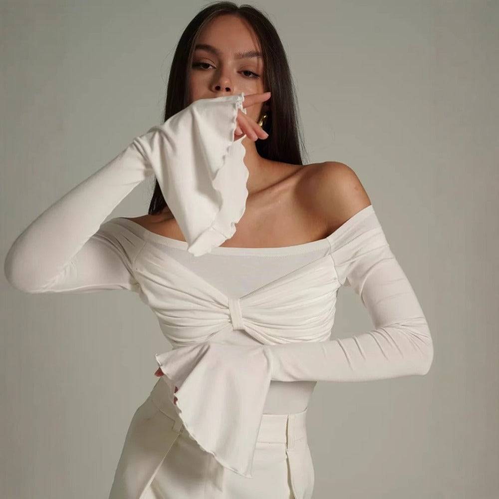 Off Shoulder Long Sleeve Top with Flared Cuffs for Women - Orsola