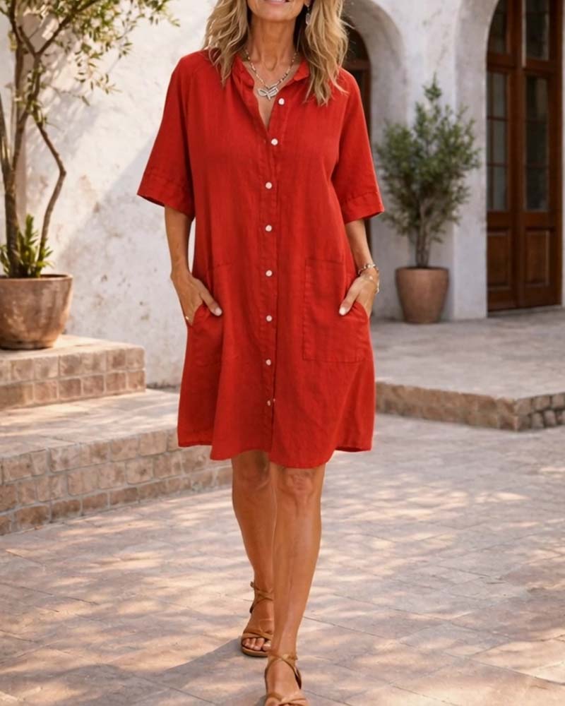 Kleid Revers Leinen Tasche Hemd