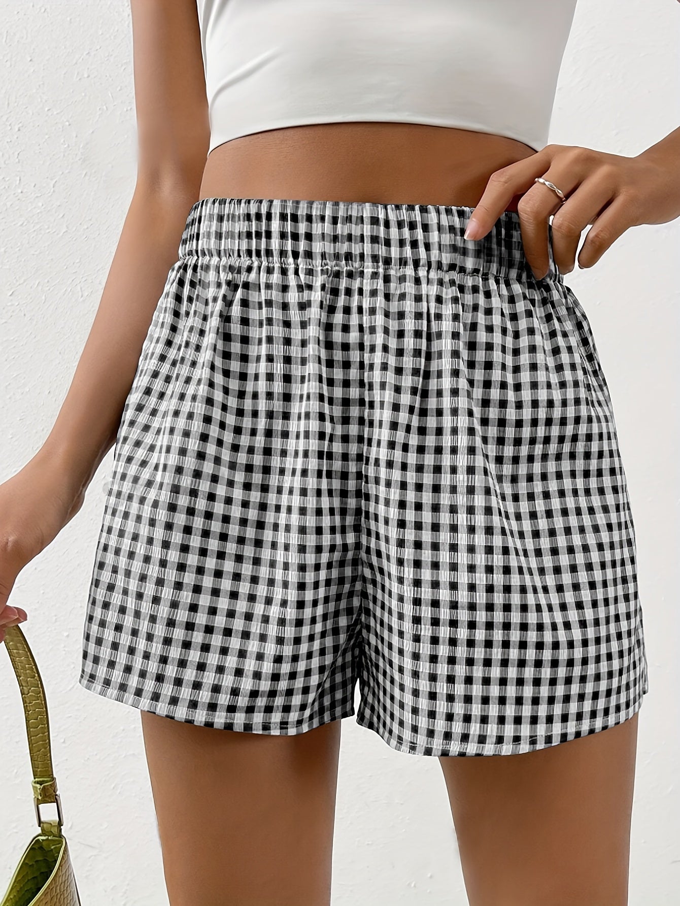 Checkered Green Shorts with Elastic Waistband - Lilly