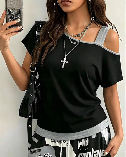 T-Shirt Ein-Schulter Farbblock Lässig