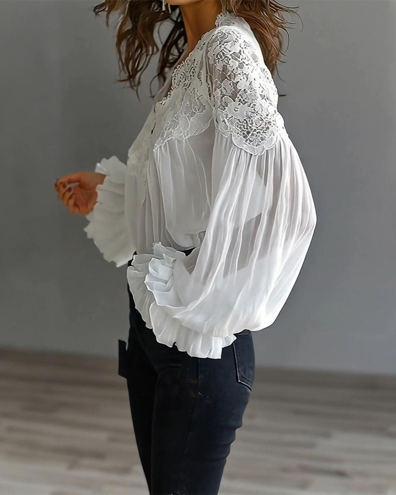 Bluse Spitze Patchwork V-Ausschnitt
