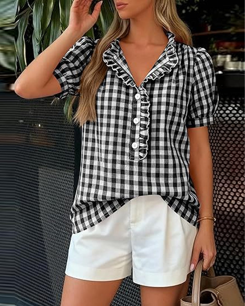 Bluse Karo Puff Kurzarm
