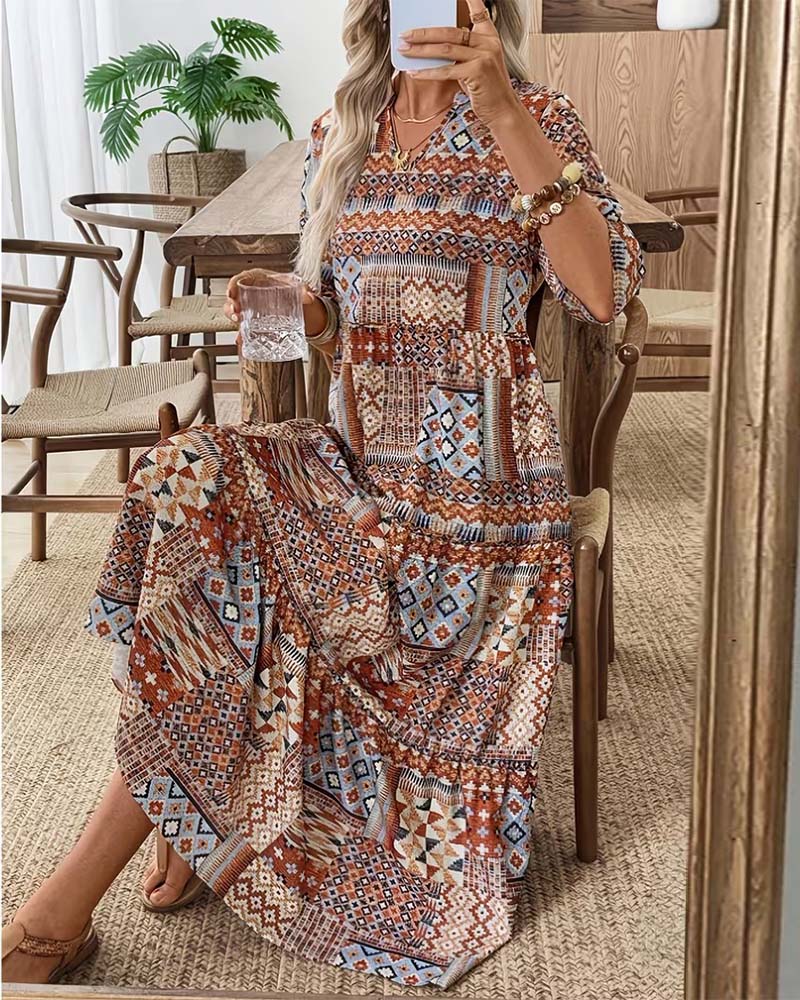 Kleid Etnisch Geometrischer Druck Lang