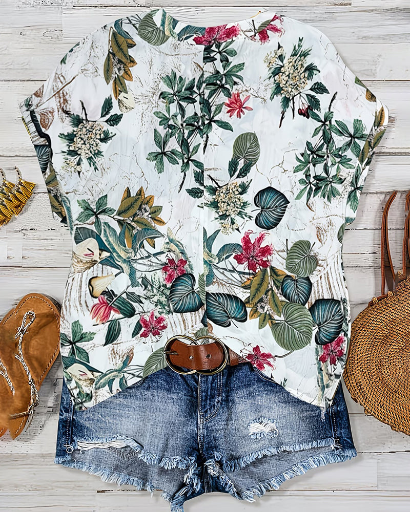 Bluse V-Ausschnitt Botanischer Print Lässig