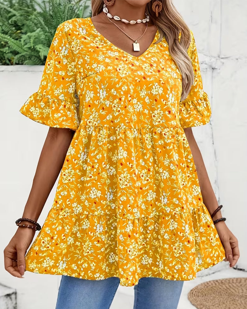 Bluse V-Ausschnitt Flatterärmel Blumen