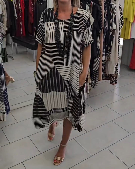 Kleid Rundhals Streifen Tasche