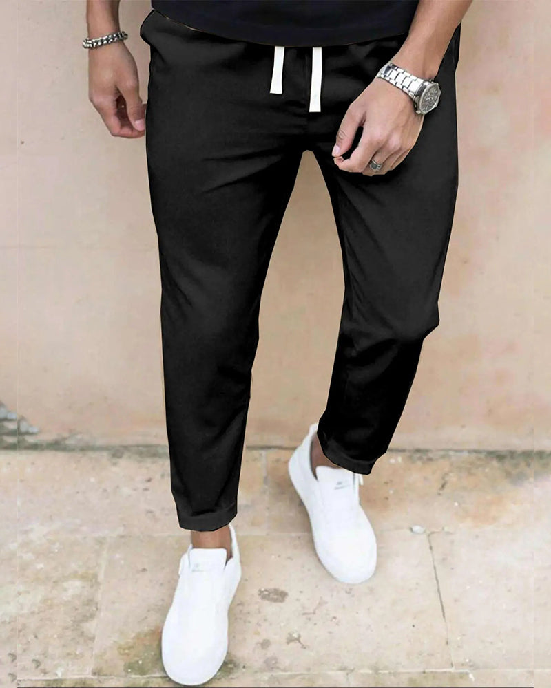 Herren Hose Einfarbig Kordelzug Slim Fit Cropped