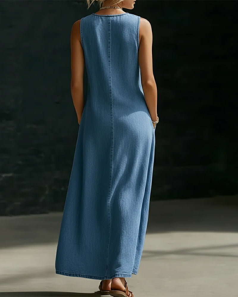 Kleid Ärmellos Knopf Asymmetrisch Denim