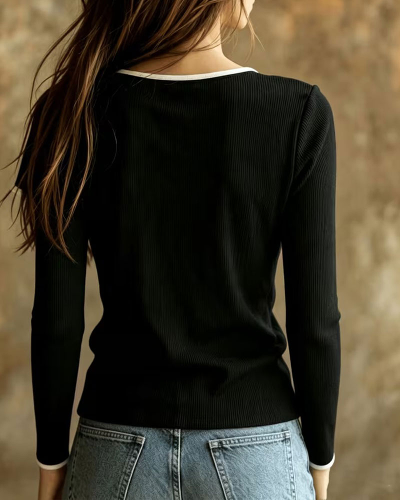 Stricktop V-Ausschnitt Kontrastfarbe Langarm