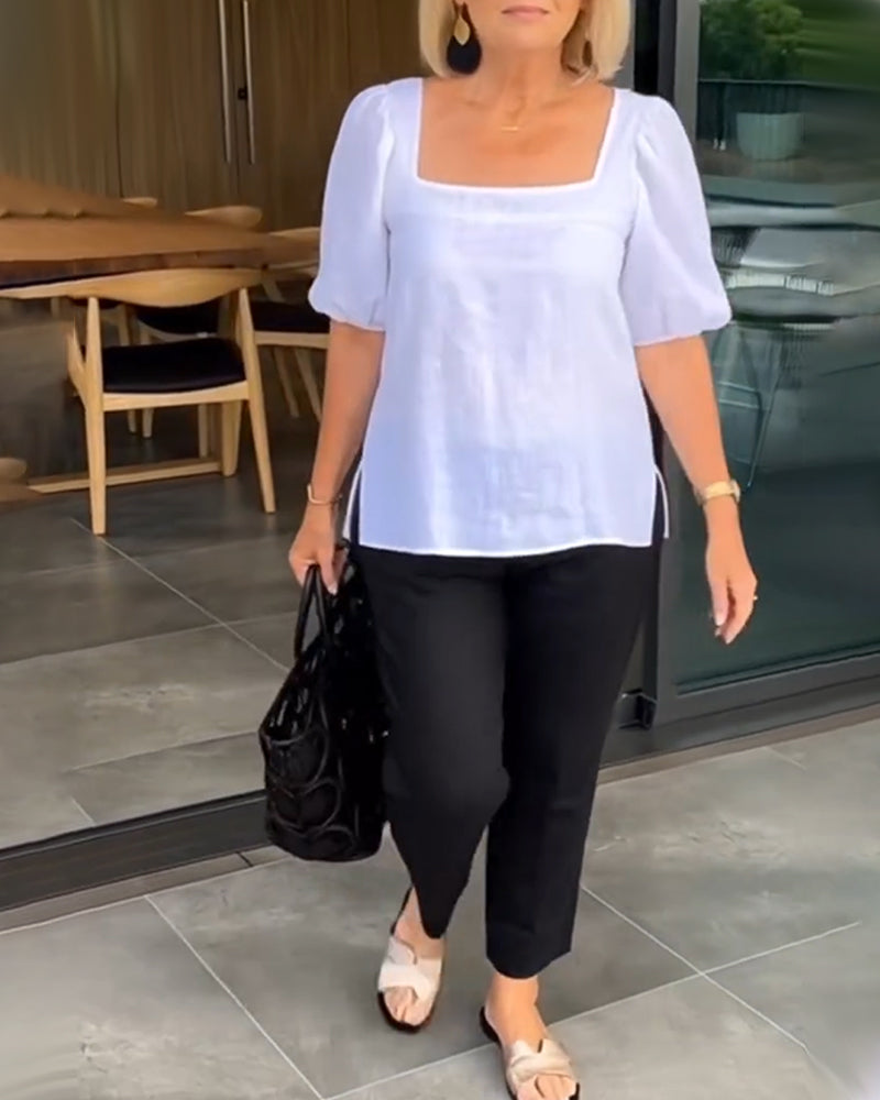 Bluse Rechteckiger Ausschnitt Casual Puffärmel
